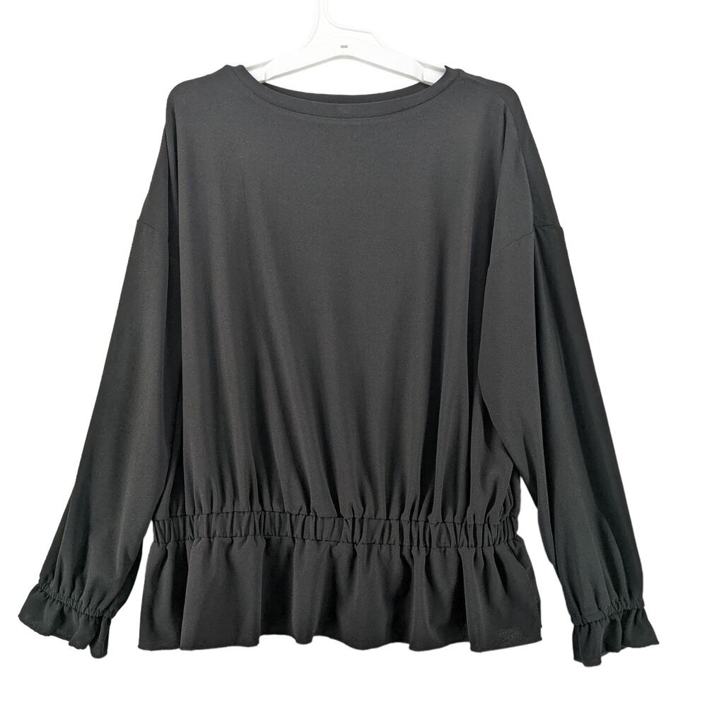 Willow Drive Blouse Medium Black Boat Neck‎ Peplum Hem Long Sleeves Ruffle Cuffs